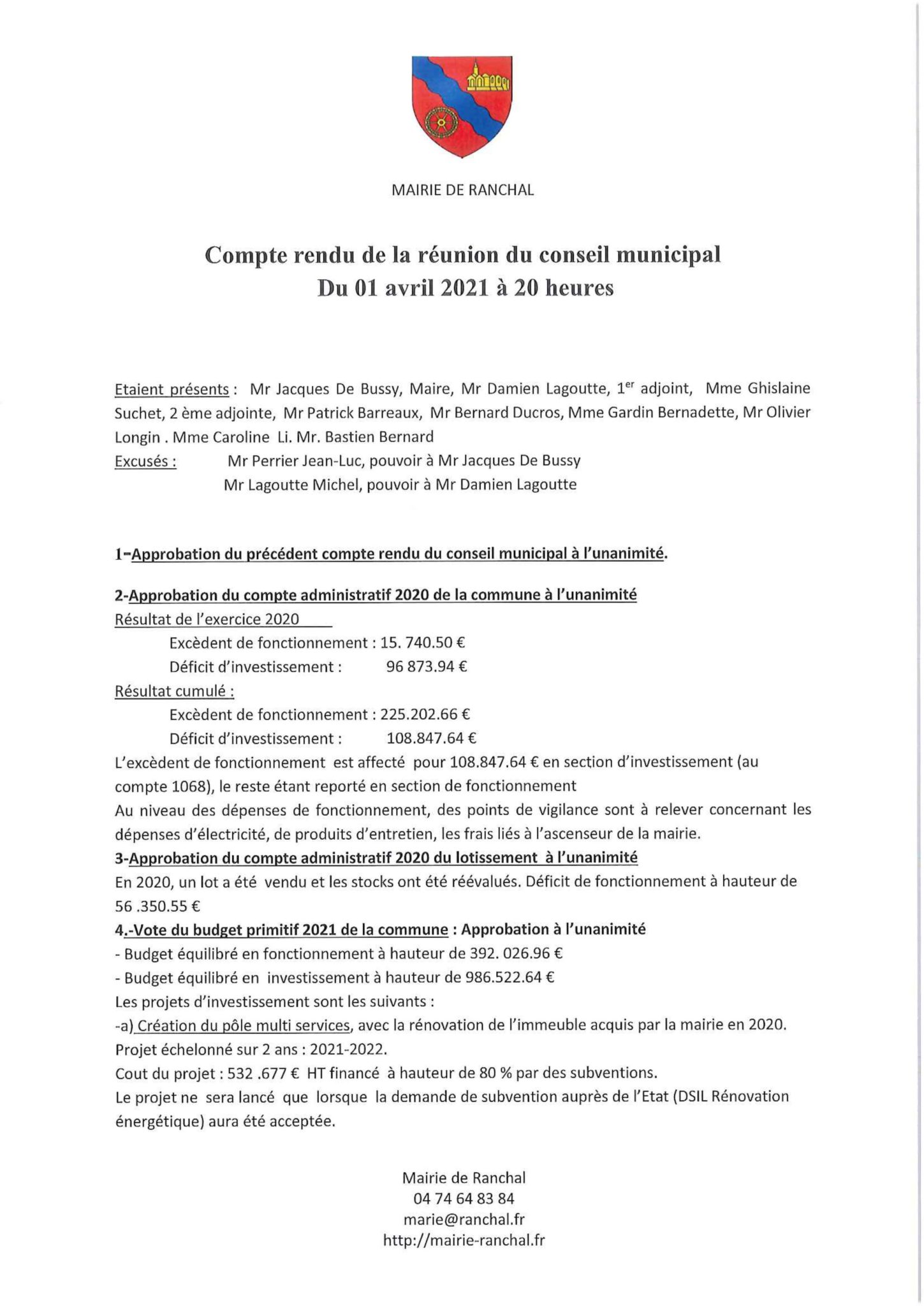 Compte-rendu Du Conseil Municipal Du 1er Avril 2021 – Mairie De Ranchal